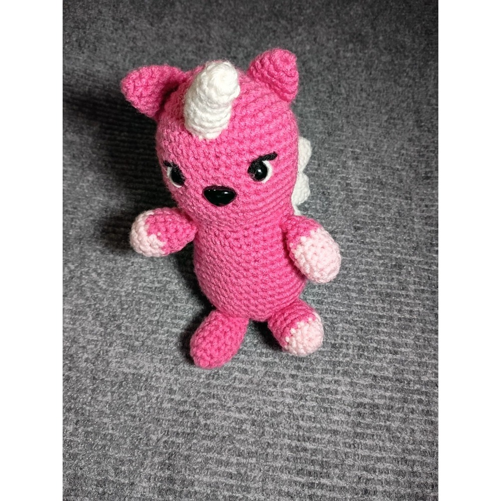 Crocheted Plush Pink , White, & Black Unicorn (I Think) About 7.5 Inches Long